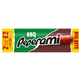 Peperami - BBQ - 28g comes in green, brown, and yellow packaging and is a convenient snack option with the price shown on the left side.